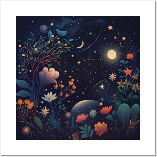 11. Celestial Bohemian Flowers Aesthetic Design Stars Moon Floral Cosmic Pattern Posters and Art